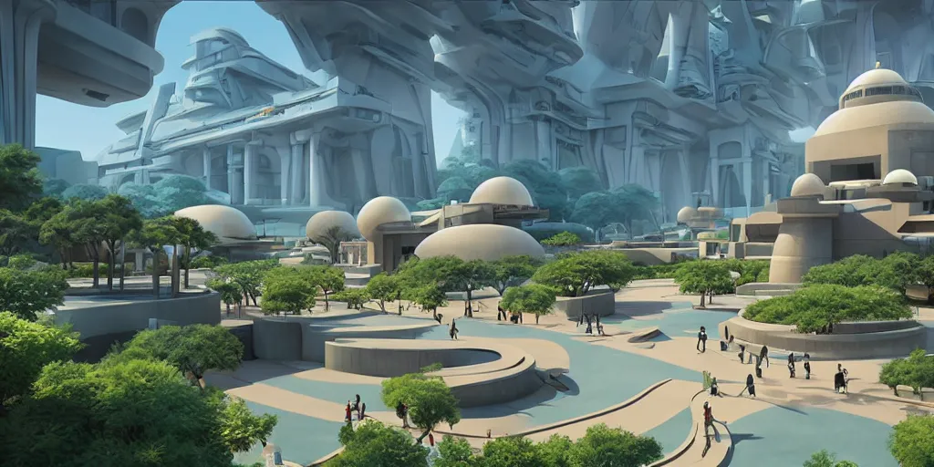 Prompt: an animation key shot of a futuristic egyptian park plaza, by studio ghibli, animation, sharp, rendered in unreal engine 5, focused, anime key art by greg hildebrandt and tim hildebrandt, bloom, dramatic lighting