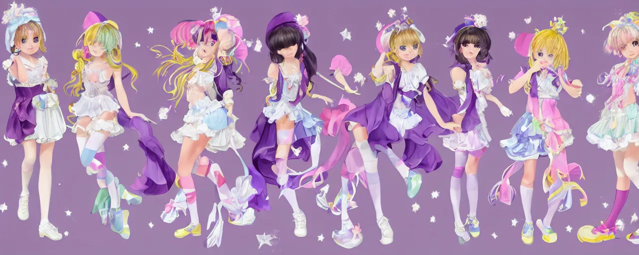 Prompt: A character sheet of full body cute magical girls with short blond hair wearing an oversized purple Beret, Purple overall shorts, Short Puffy pants made of silk, pointy jester shoes, a big billowy scarf, and white leggings. Rainbow accessories all over. Flowing fabric. Ruffles and Bows. Petticoat. Covered in stars. Short Hair. Art by Johannes Helgeson and william-adolphe bouguereau and Paul Delaroche and Alexandre Cabanel and Lawrence Alma-Tadema and WLOP and Artgerm. Fashion Photography. Decora Fashion. harajuku street fashion. Kawaii Design. Intricate, elegant, Highly Detailed. Smooth, Sharp Focus, Illustration Photo real. realistic. Hyper Realistic. Sunlit. Moonlight. Dreamlike. Fantasy Concept Art. Surrounded by clouds. 4K. UHD. Denoise.