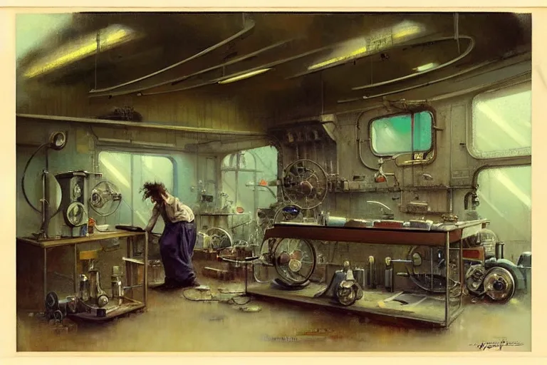 Image similar to ( ( ( ( ( 1 9 5 0 s retro science fiction mechanics shop interior scene. muted colors. ) ) ) ) ) by jean - baptiste monge!!!!!!!!!!!!!!!!!!!!!!!!!!!!!!