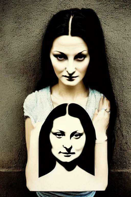 Image similar to beautiful portrait of a woman, negative no not mona lisa pose, beautiful woman, symmetry, perspective, portrait, by banksy 8 k