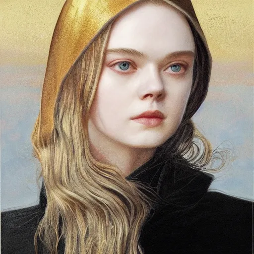 Image similar to Elle Fanning in a black coat, religious masterpiece portrait, oil on canvas, golden hour, in the world of Andrew Wyeth and Bloodborne, artstation, by Jean Giraud Moebius,