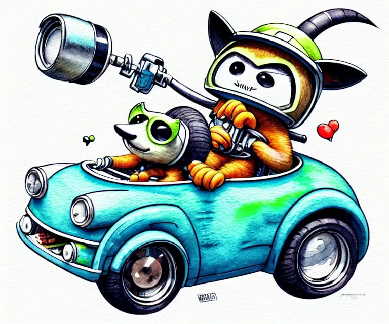 Image similar to cute and funny, racoon wearing a helmet riding in a tiny hot rod with oversized engine, ratfink style by ed roth, centered award winning watercolor pen illustration, isometric illustration by chihiro iwasaki, edited by range murata, tiny details by artgerm and watercolor girl, symmetrically isometrically centered, sharply focused