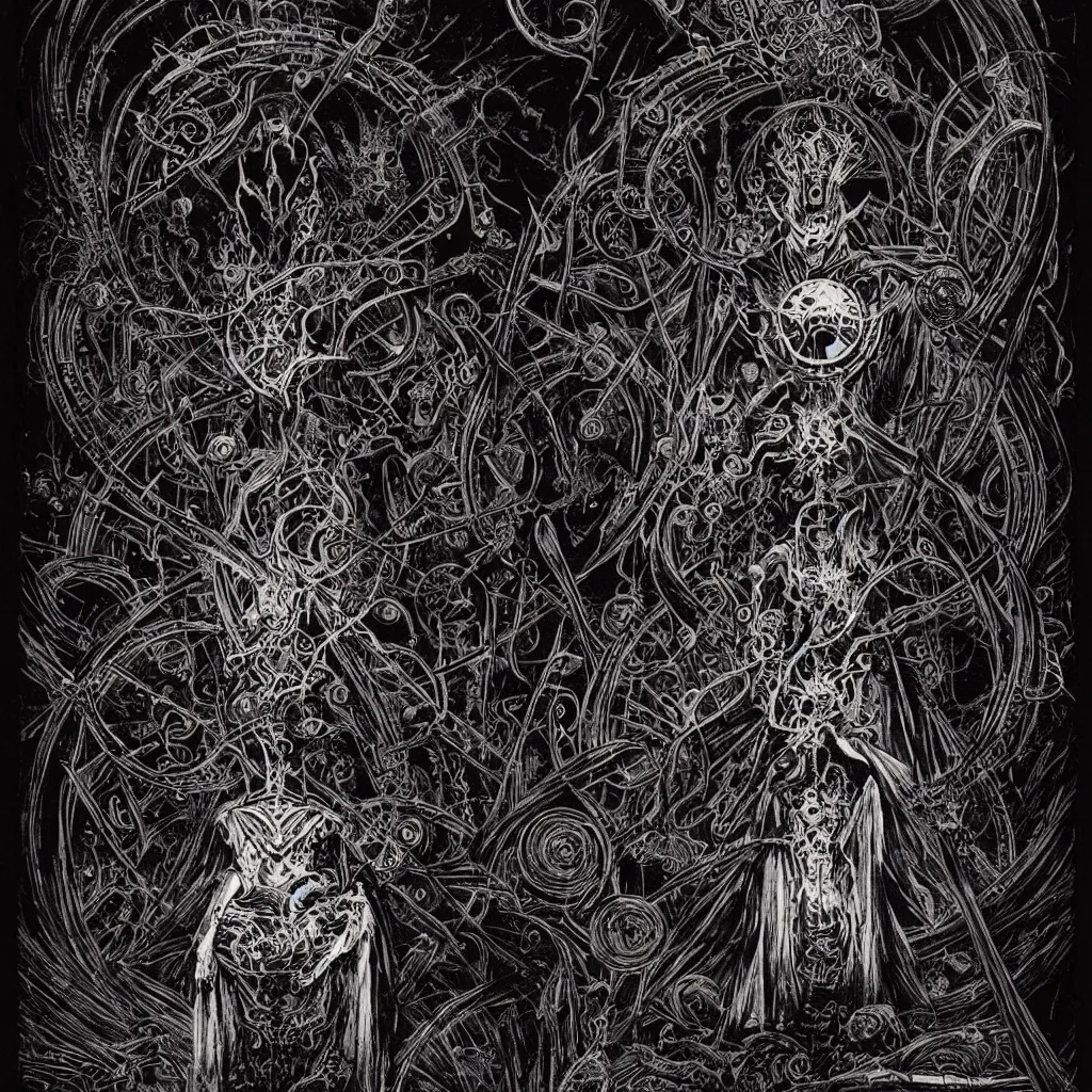 Image similar to black paper + tarot card + eldritch god, vintage detailed sci-fi illustration designed by Marc Simonetti and Mike Mignola + psychedelic black light style + intricate ink illustration + symmetry + bloodborne, dark and mysterious, atmospheric, ominous, eerie, cinematic, 4k, ultra detail, ultra realistic