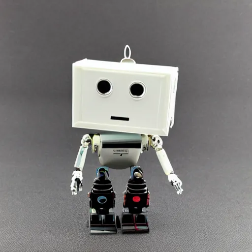 Image similar to cute little robot inside action-figure box, sleek design, 33mm, award winning photo