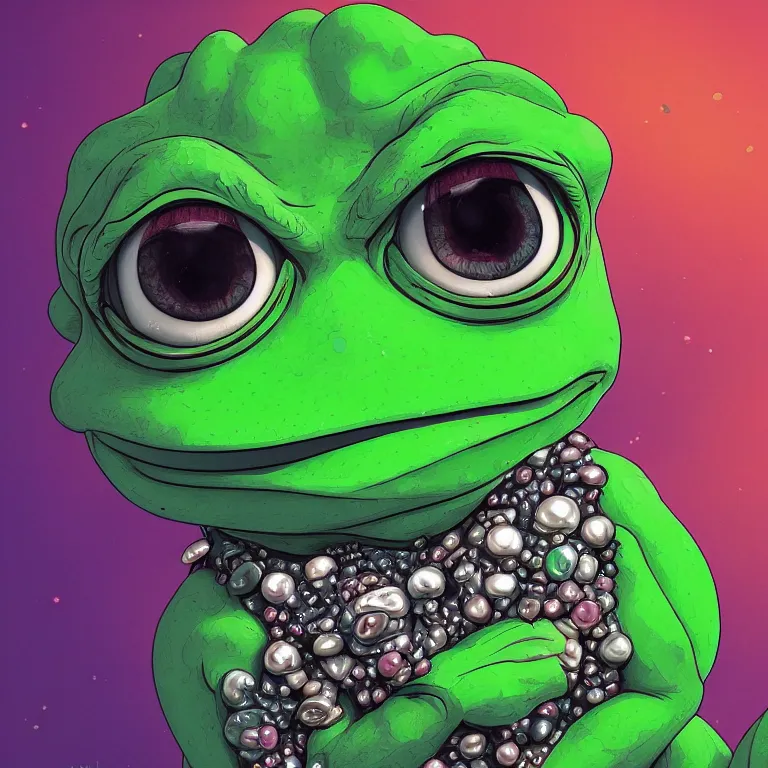 Image similar to maximalist detailed gemstone pepe the frog by adoryanti, machine. delusions, holosomnia, electrixbunny, rendered in discodiffusion. decorated with pearls and gems, behance hd by jesper ejsing, by rhads, makoto shinkai, ilya kuvshinov, rossdraws global illumination ray tracing hdr radiating a glowing aura