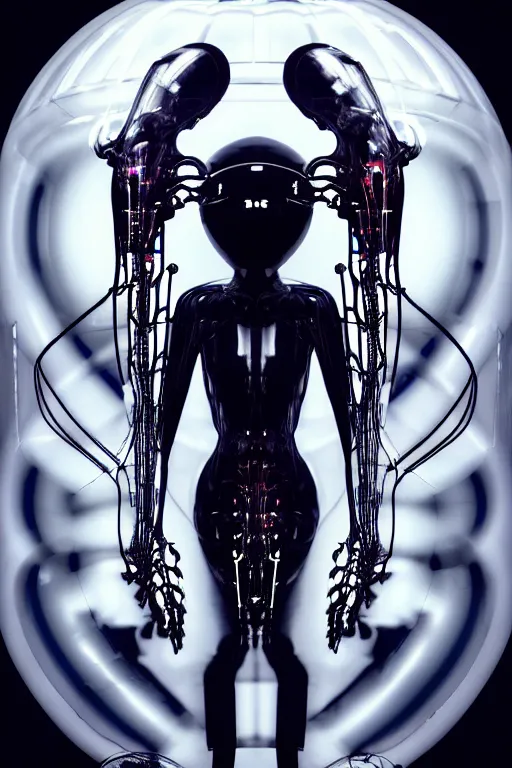 Image similar to background space station, black inflateble dress iris van herpen positing on floor, helmet instead of a head, perfect symmetrical, full body shot, inflateble shapes, wires, tubes, veins, jellyfish, white biomechanical details, wearing epic bionic implants, masterpiece, intricate, biopunk, vogue, highly detailed, artstation, concept art