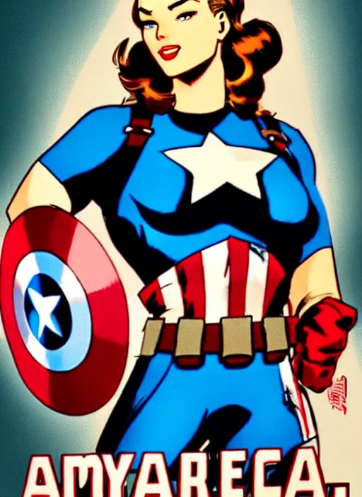 Image similar to gorgeous female captain america standing on a pile of defeated, beaten and broken ss soldiers. feminist captain america wins ww 2. american ww 2 propaganda poster by rob liefeld and pixar. gorgeous face. pin up. overwatch.