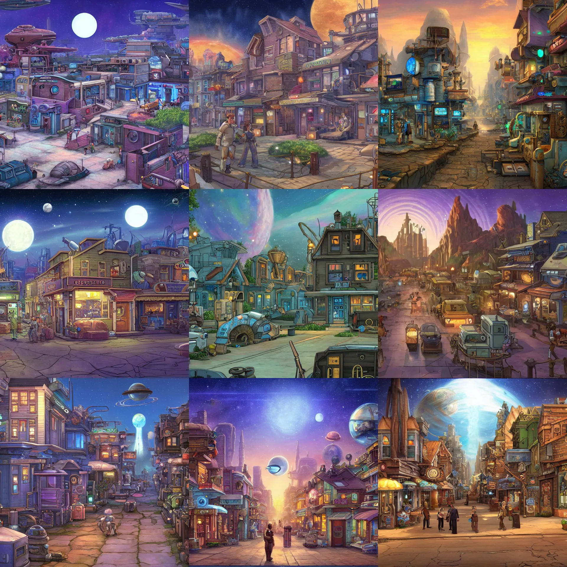 Prompt: on main street in a small colony on a remote planet, from a space themed point and click 2 d graphic adventure game, art inspired by steampunk and thomas kinkade