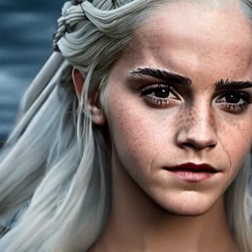 Image similar to Emma Watson as Daenerys Targaryen, XF IQ4, f/1.4, ISO 200, 1/160s, 8K, Sense of Depth, color and contrast corrected, Nvidia AI, Raytracing, Dolby Vision, in-frame