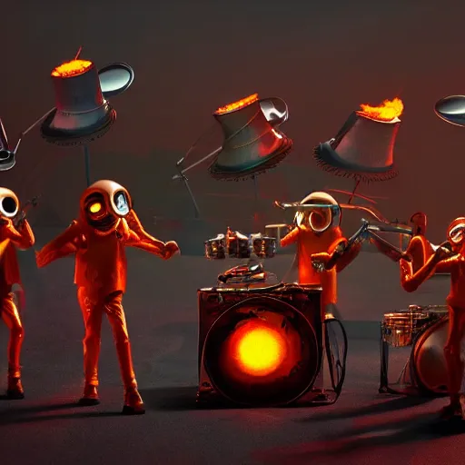 Image similar to ultra detailed a jazz band of aliens playing drums, guitar, saxophone, they are gathered around a flaming dumpster on mars, dark and moody atmosphere, scifi, fantasy, octane render, concept art, bold colours