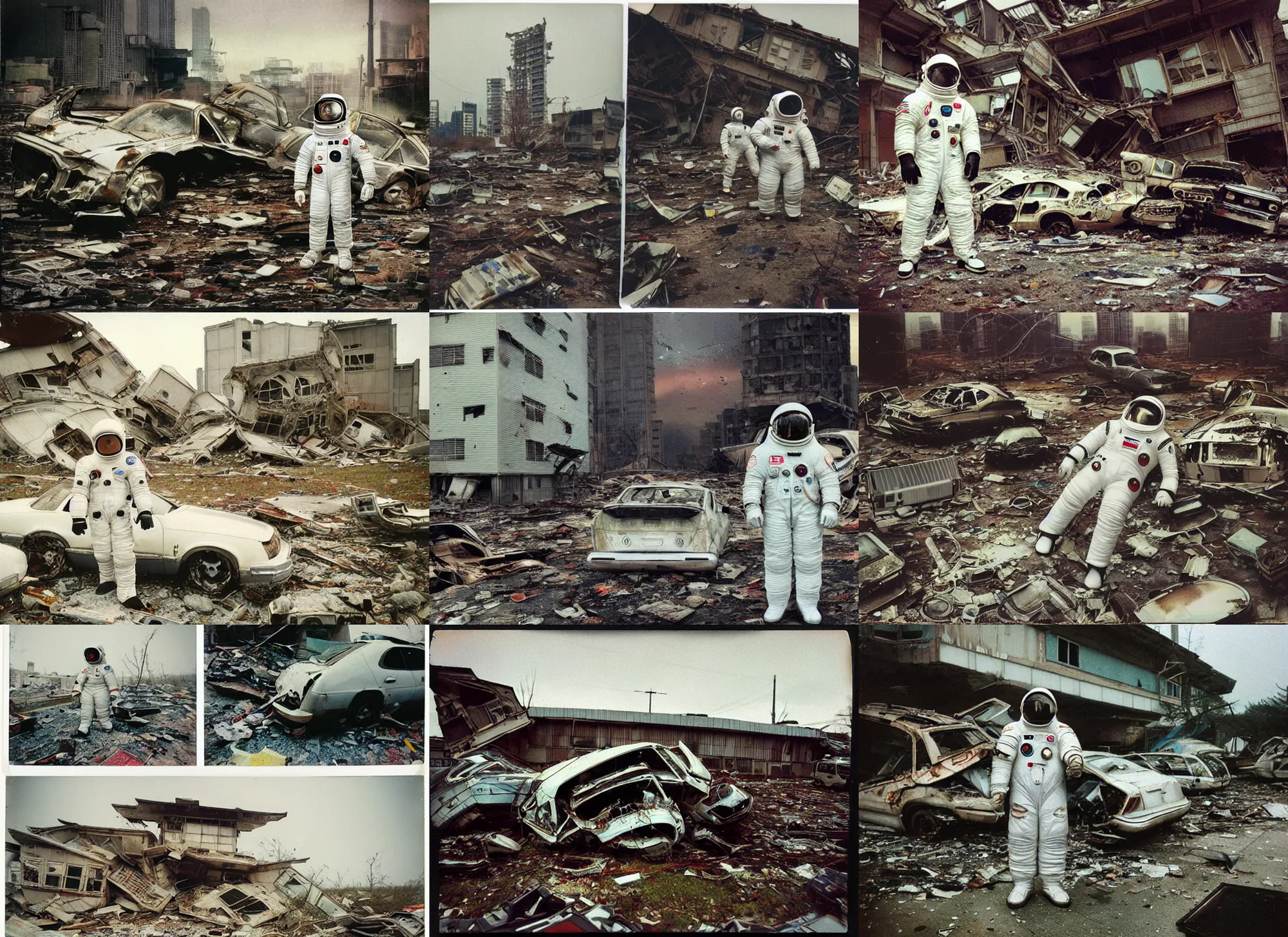 Prompt: faded photographs of american white spacesuit chubby astronaut in postapocalyptic abandoned destroyed ancient japan, wrecked buildings, destroyed flipped wrecked cars, polaroid photo, vintage, neutral colors, rainy day, by gregory crewdson