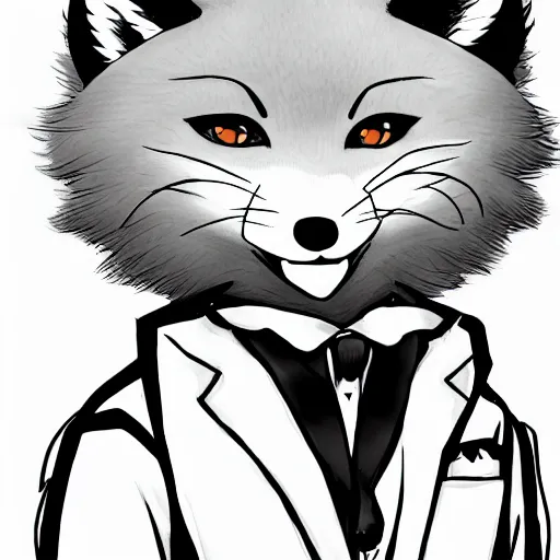 Image similar to official manga line art of a closeup of an anthropomorphic furry male fox wearing a fancy tuxedo, handsome eyes and smile, studio anime line art