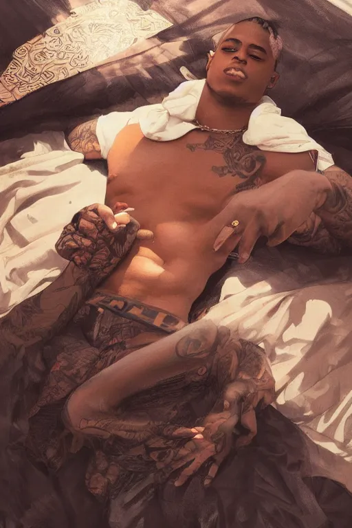 Prompt: male cottagecore xxxtentacion, Jahseh Dwayne Ricardo Onfroy, lying on his back on the ground looking into the camera, intricate, swagger, highly detailed, digital painting, artstation, concept art, smooth, sharp, focus, illustration, art by artgerm and greg rutkowski and alphonse mucha