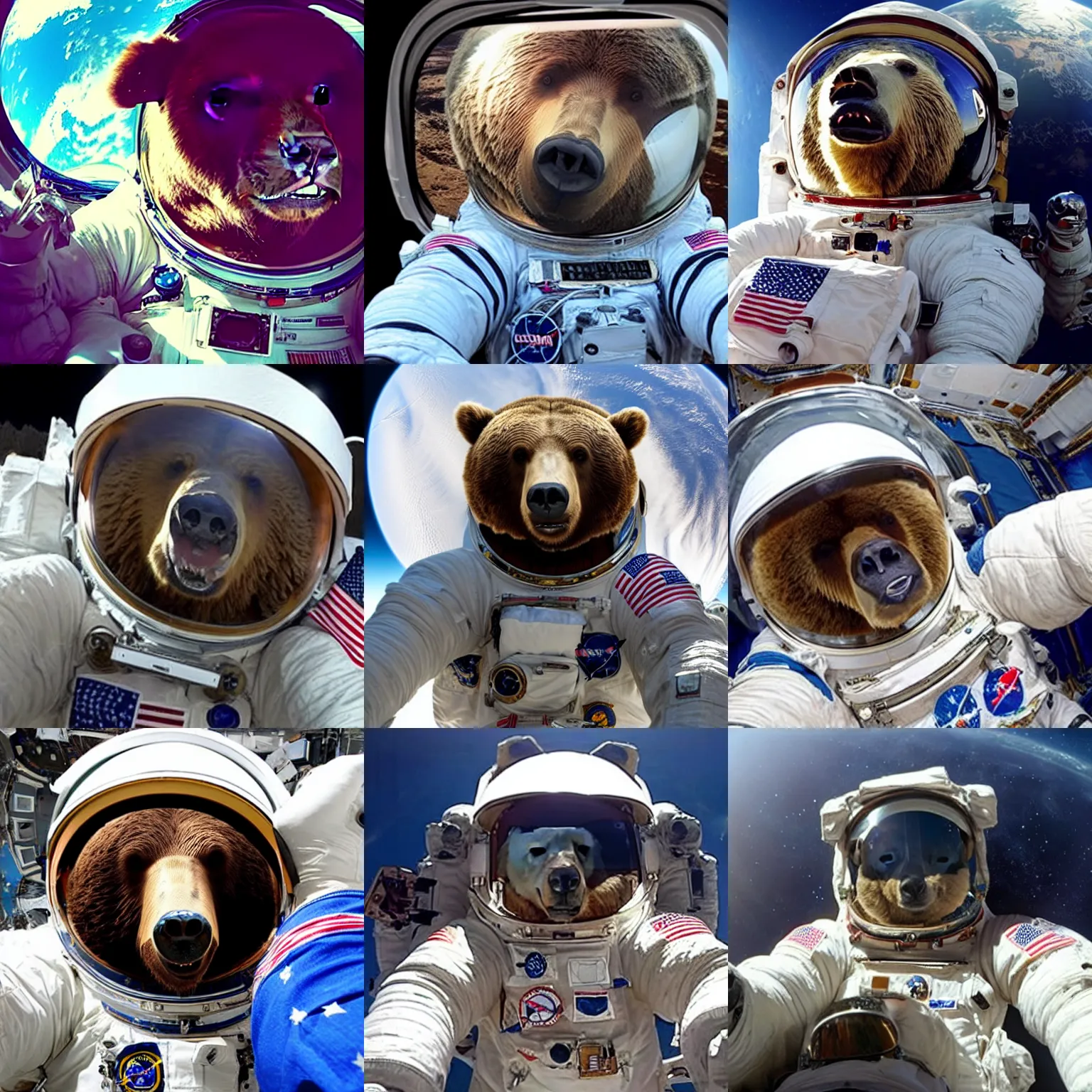 Prompt: giant grizzly bear in spacesuit as astronaut on selfie