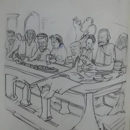 Image similar to last supper, drawn by a 5 year old detailed, sketh