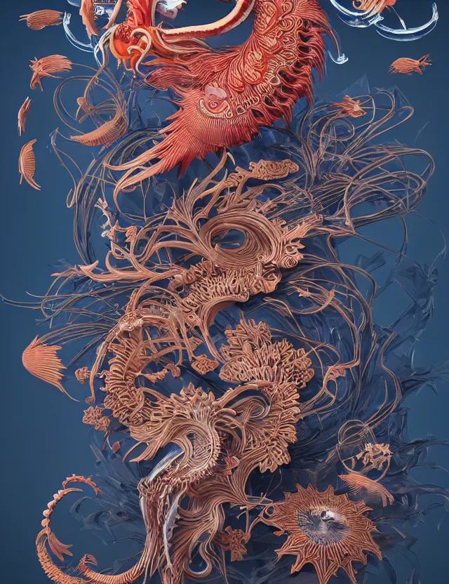 Image similar to 3 d abstract ornament. ram skull. beautiful intricately detailed japanese crow kitsune mask and clasical japanese kimono. betta fish, jellyfish phoenix, bio luminescent, plasma, ice, water, wind, creature, artwork by tooth wu and wlop and beeple and greg rutkowski