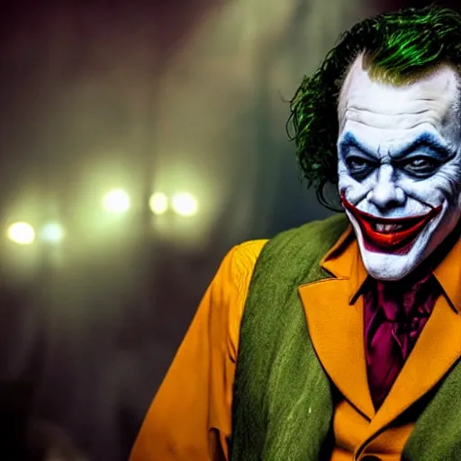 Image similar to stunning awe inspiring tim curry as the joker movie still 8 k hdr atmospheric lighting