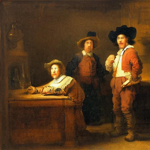 Prompt: a painting of people looking at the viewer and whispering to one another, in the style of syndics of the drapers'guild ( 1 6 6 2 ) by rembrandt