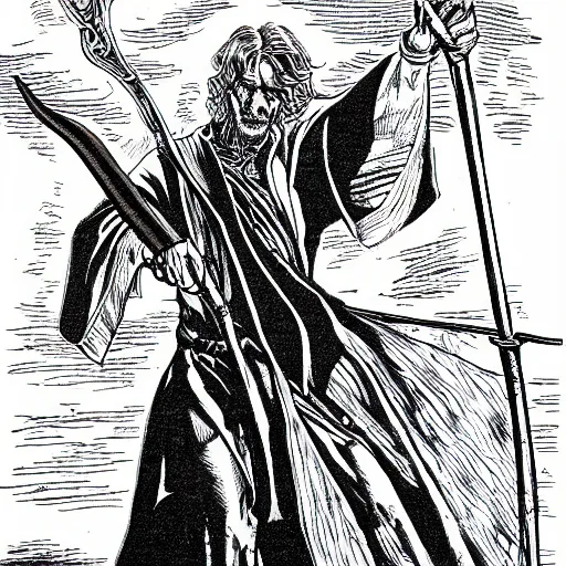 Image similar to mage holding a bentwood staff strikes a dramatic pose. pen and ink by larry elmore, 1 9 8 2