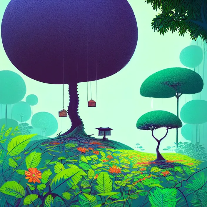 Prompt: ( ( ( gediminas pranckevicius ) ) ), stillness under bo tree in a jungle garden summer morning, very coherent and colorful high contrast art by james gilleard floralpunk screen printing woodblock, dark shadows, pastel color, hard lighting