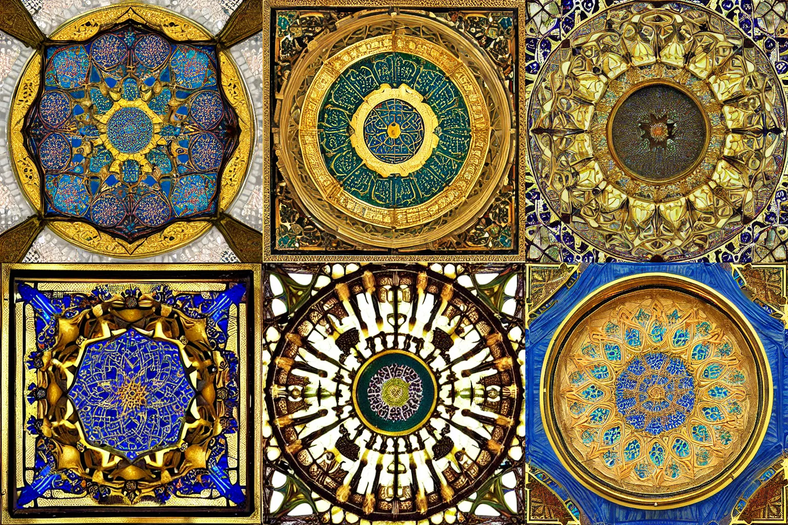 Prompt: Medieval Islamic mosque ceiling mandala, tainted glass and brass, 5-fold symmetry
