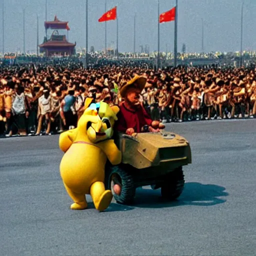 Prompt: Winnie the Pooh riding a tank in Tiananmen square, June 5, 1989, hyperrealistic, photorealistic, ultra hd, 4k, award-winning, cinematic lighting, historic, ominous
