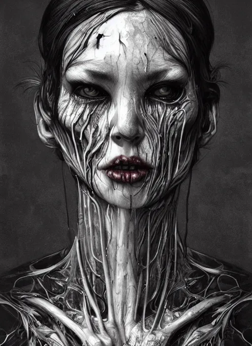 Image similar to a dream portrait of a anthropomorphic fisj, black & white, melting, webbing, 8 k, by tristan eaton, stanley artgerm, tom bagshaw, greg rutkowski, carne griffiths, ayami kojima, beksinski, giger, trending on deviantart, face enhance, hyper detailed, minimalist, horror, alien