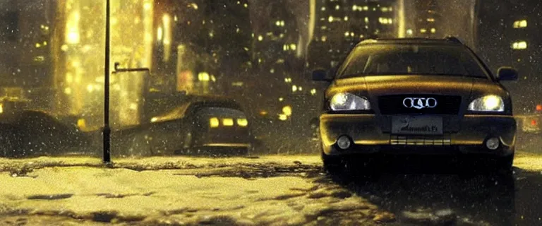 Prompt: Audi A4 B6 Avant (2002) chased by FBI, a gritty neo-noir, dramatic lighting, cinematic, establishing shot, extremely high detail, photorealistic, cinematic lighting, artstation, by simon stalenhag, Max Payne (PC) (2001) winter new york at night, eldritch horror