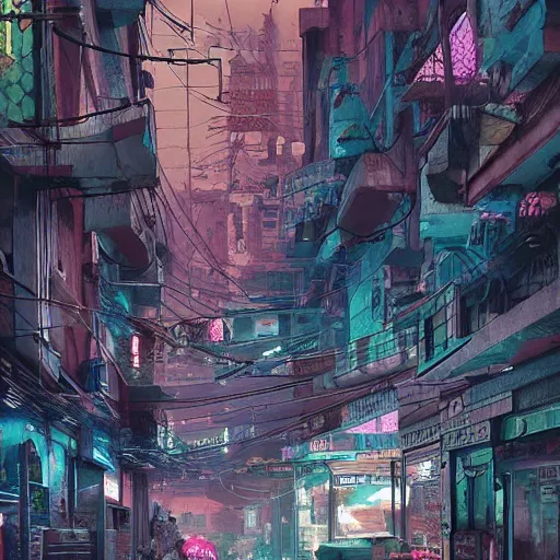 Prompt: cyberpunk kashmir!!!!!!! streets, aesthetic!!!!!!, trending on artstation, intricate, highly detailed