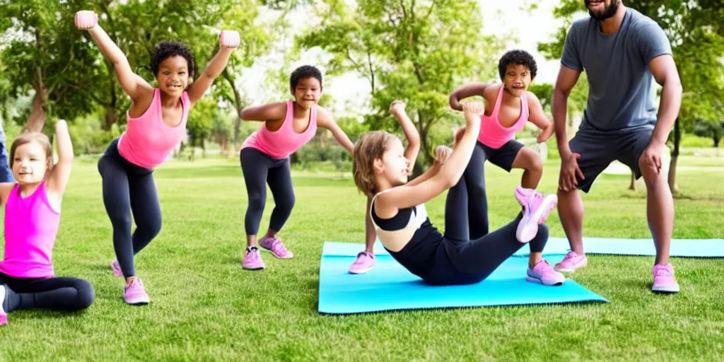 Image similar to a husband and wife exercising with four kids studying, award winning photo,