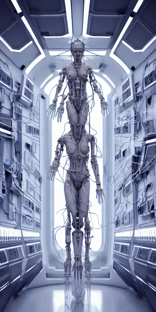 Image similar to high detailed space station interior a statue jesus on cross made of white marble, perfect symmetrical body, full body shot, inflateble shapes, wires, tubes, veins, jellyfish, white biomechanical details, wearing epic bionic cyborg implants, masterpiece, intricate, biopunk, vogue, highly detailed, artstation, concept art, cyberpunk, octane render