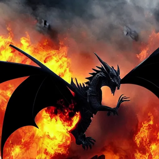 Prompt: “A black dragon flying over a burning medieval city, art station, award winning, 8K”