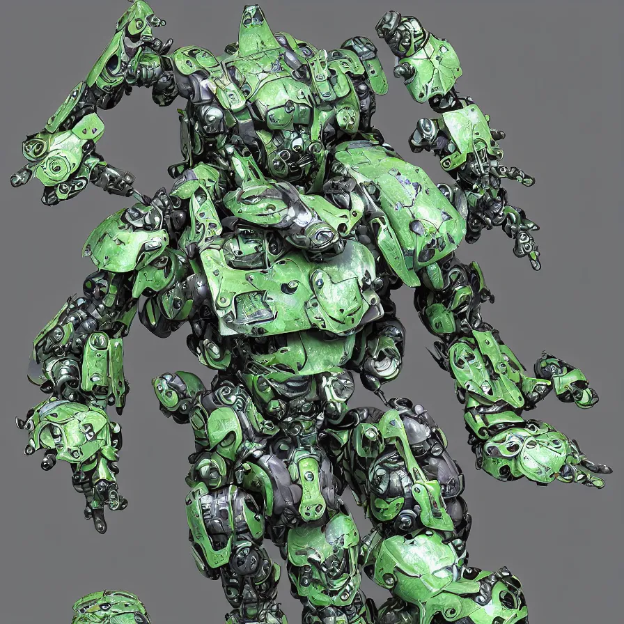 Image similar to waterlily themed amphibious power armor. mobile suit textured like water lettuce, top half is mecha nymphaea flower petals being robotic limbs, waterlily pads, sculpted metal, biomechanical, hyperdetailed, bandai box art, 8 k hd resolution, behance hd artstation. # power armor pistia playing waterlily pad tentacles, 8 k hd resolution