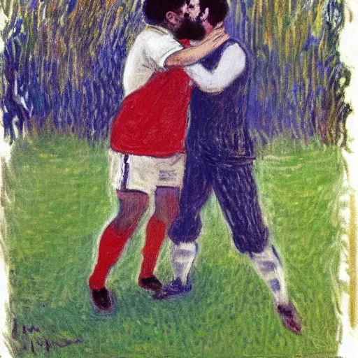Image similar to monet painting of a bearded man with short hair kissing a soccer ball, closed eyes, intimate, beautiful, highly detailed, realistic,