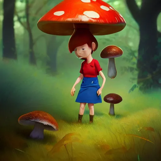 Image similar to goro fujita ilustration a cheerful girl collecting mushrooms in the forest, characterized by blackshear thomas, character art, sharp focus, highly detailed, artstation