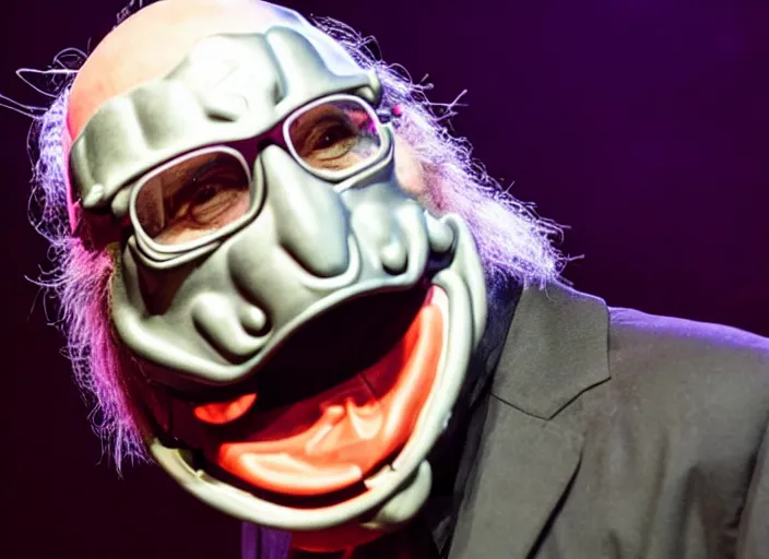 Image similar to publicity photo still of larry david wearing a slipknot mask touring with slipknot live on stage, 8 k, live concert lighting, mid shot