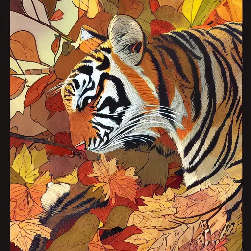 Image similar to a highly detailed portrait of cartoon tiger, sweating and fanning, autumn leaves on the ground, concise lines, ultradetailed environment, sharp focus, cinematic lighting, character art, 8 k, by alphonse maria mucha and kim jung gi