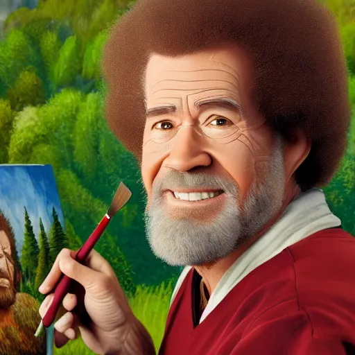 Image similar to a closeup photorealistic photograph of bob ross holding a paintbrush and diligently finishing a canvas painting of iron man. mountains and trees. film still. brightly lit scene. this 4 k hd image is trending on artstation, featured on behance, well - rendered, extra crisp, features intricate detail, epic composition and the style of unreal engine.