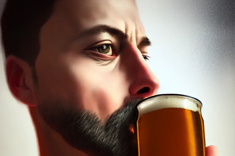 Image similar to portrait of Man drinking beer from steel can, elegant, highly detailed, smooth, photoreal, sharp focus, illustration, beautiful, geometric, dmt trending on artstation, cinematic, artwork by WLOP