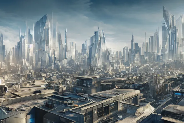 Image similar to rooftop view of a futuristic city highly detailed, photorealistic portrait, bright studio setting, studio lighting, crisp quality and light reflections, unreal engine 5 quality render