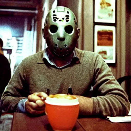 Image similar to photograph of jason voorhees having a coffee at an european caffé, light and cheerful photograph, nostalgic look