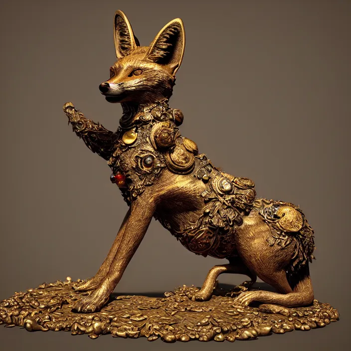 Prompt: highly detailed ancient artifact depicting a fox made of bronze and ivory and encrusted with precious jewels, beautiful patina, ethereal, esoteric, zbrush sculpt, octane render, intricate, ornate, cinematic lighting, hyperrealistic