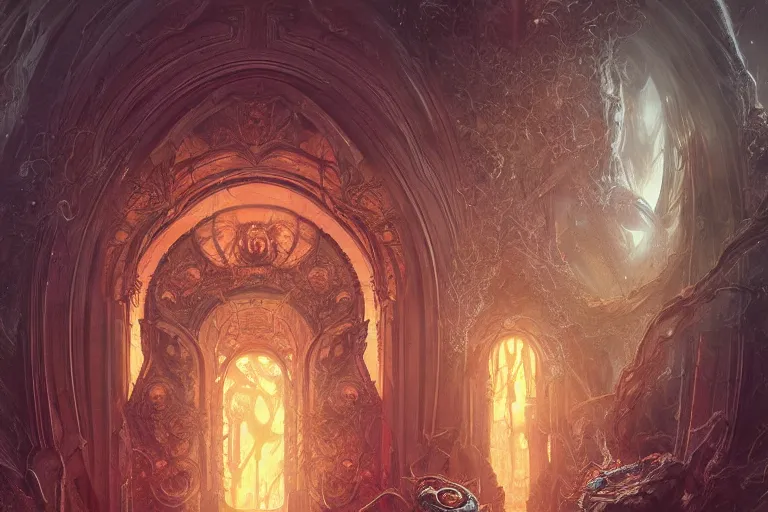 Image similar to a lovecraftian painting of a demonic portal, cosmic horror elements, ultra realistic, concept art, intricate details, eerie, highly detailed, photorealistic, octane render, 8 k, unreal engine. art by artgerm and greg rutkowski and alphonse mucha