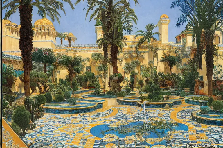 Image similar to painting of a beautiful moorish palace courtyard garden, by arkady rylov and rudolf ernst and maxfield parrish, patterned tilework, palm trees, tiled fountains, extremely detailed, cinematic lighting, smooth sharp focus