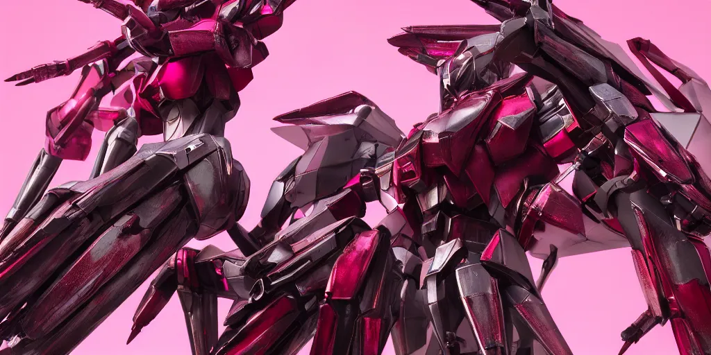 Prompt: metal insect - like of female gundams is in pink and red collection by merriam, daniel, intricate mechanical details, futuristic, 2 k aesthetic, dramatic lighting, 4 k, 3 d octane render, provenance, detailed, trending on artstation