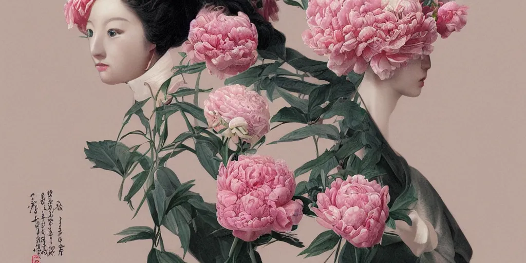 Image similar to breathtaking detailed concept art painting blend of few pink short hair goddesses of peonies flowers by hsiao - ron cheng with anxious piercing eyes, vintage illustration pattern with bizarre compositions blend of flowers and fruits and birds by beto val and john james audubon, exquisite detail, extremely moody lighting, 8 k