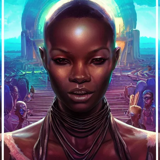 Prompt: african guild of thieves, science fiction, highly detailed, digital painting, beautiful eyes, symmetry, concept art, sharp focus, illustration, global illumination, radiant light, synthwave colors, detailed and intricate environment, art by artgerm and greg rutkowski and magali villeneuve and ilya kuvshinov!