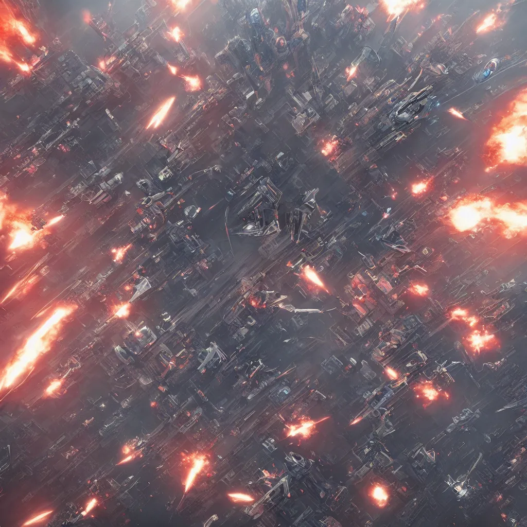 Image similar to squad of futuristic bombers, bombing a baroque cyberpunk city, explosions and fire, aerial view, hypermaximalistic, high details, cinematic, 8k resolution, beautiful detailed, insanely intricate details, artstation trending, octane render, unreal engine