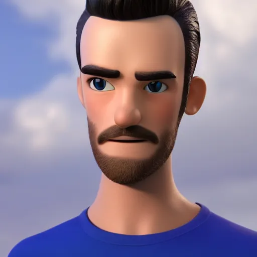 Image similar to handsome thin athletic white man with short buzzed widows peak hair, facial stubble and blue eyes posing outside, depicted as a Pixar character, high quality cg render, 4k