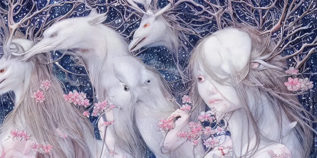 Image similar to breathtaking delicate detailed concept art winter creatures, by miho hirano, bizarre compositions, exquisite detail, pastel colors, 8 k